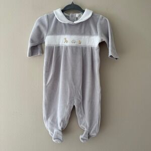 Kissy Kissy Premier Grey Velour Smocked Animal Footie Romper 0-3 Months